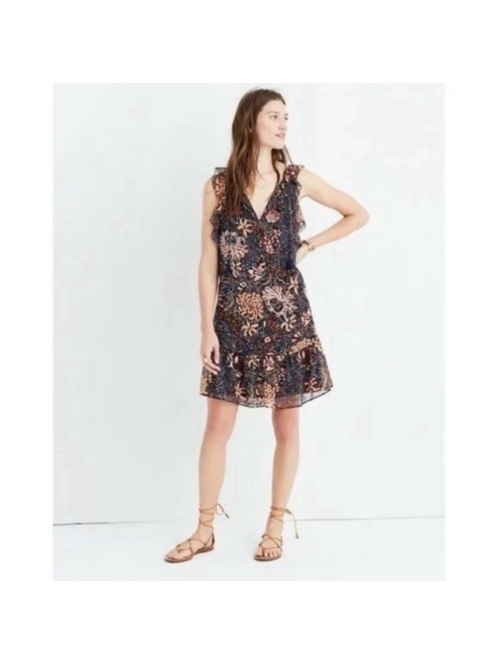 Madewell Navy Floral V-Neck Ruffle Mini Dress